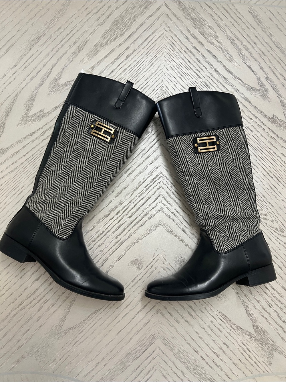 Black Leather and Herringbone Knee-High Riding Boots